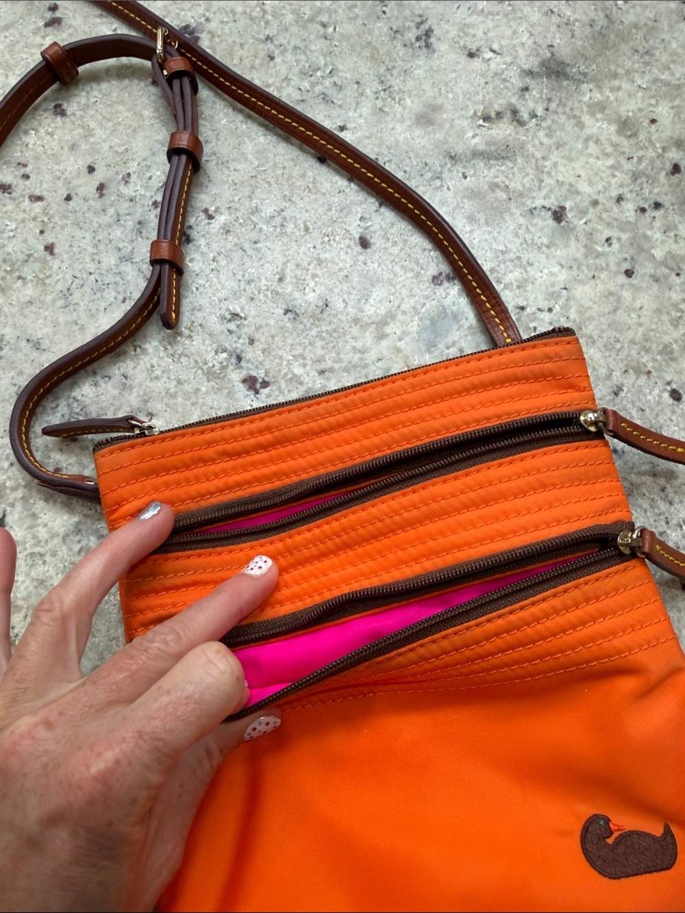 Dooney & Bourke Orange Nylon Triple Zip Crossbody Bag 7.5" x 8" Adjustable Strap - Picture 4 of 9